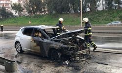 Adana'da seyir halindeyken alev alan otomobil yandı