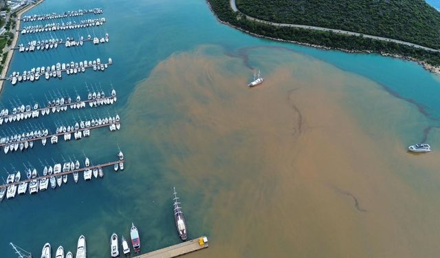 Kaş'ta sağanak sonrası denizin bir kısmı kahverengiye döndü