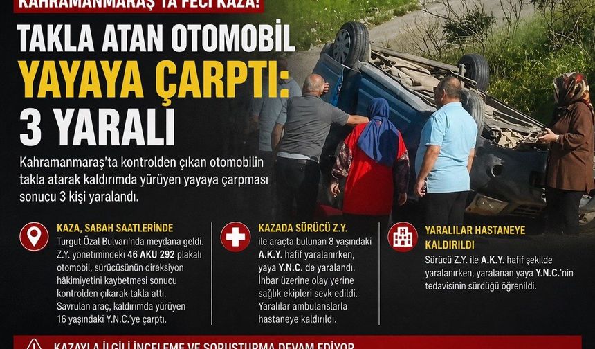 Kahramanmaraş’ta Takla Atan Otomobil Yayaya Çarptı: 3 Yaralı