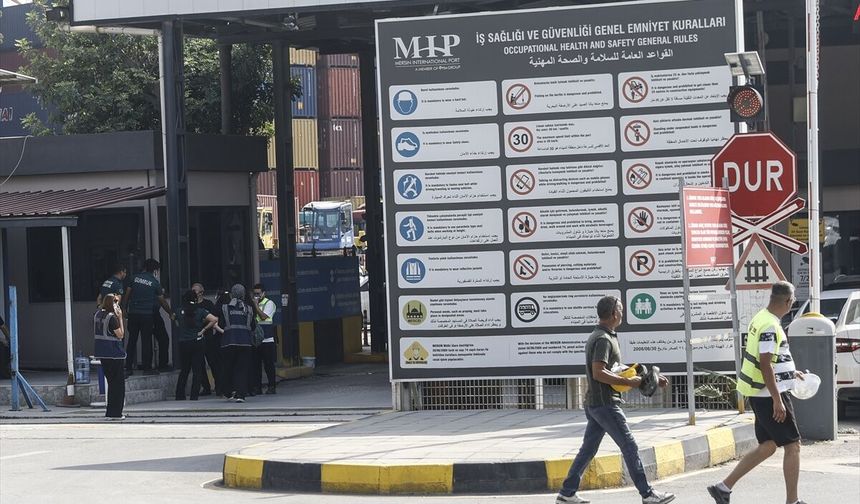 Mersin Uluslararası Limanı'nda iş makinesi konteynerin üzerine devrildi